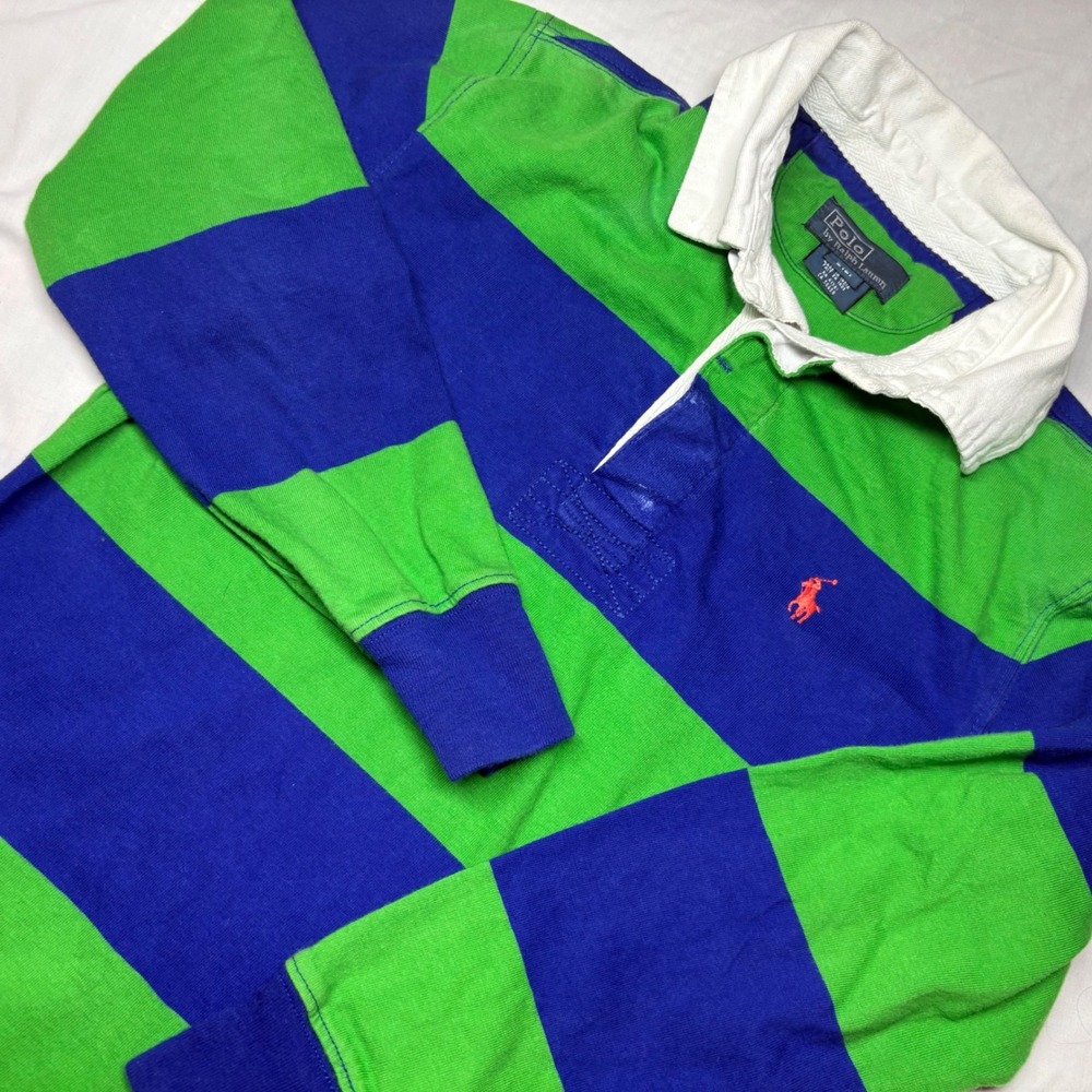 Polo Ralph Lauren Kids Green Blue Striped Long Sleeve Rugby Shirt Size S 8